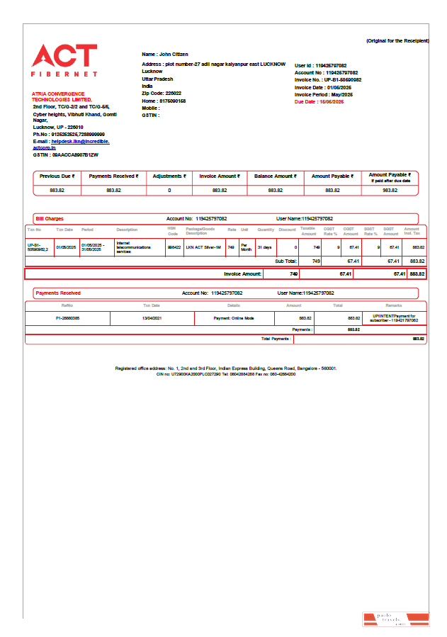 India ACT Fibernet utility bill template in Word and PDF formats